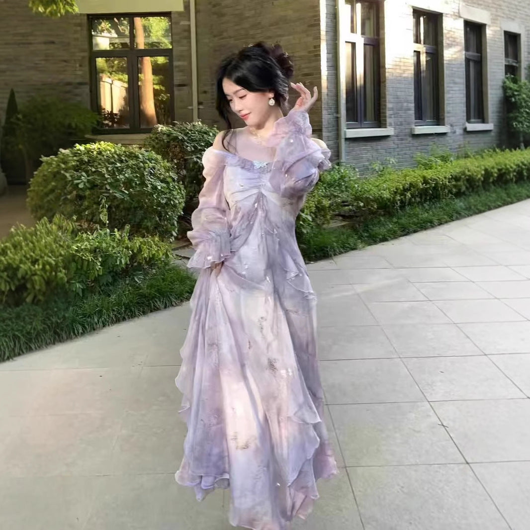 Fairy Purple Blooming Butterfly Bronzing Ruffled Dress