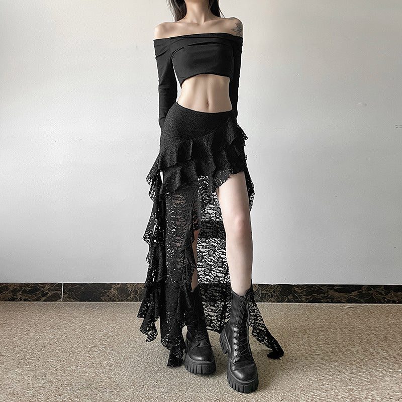 Women's Autumn Unique Design Black Lace Wavy Pleated Edge Skirt