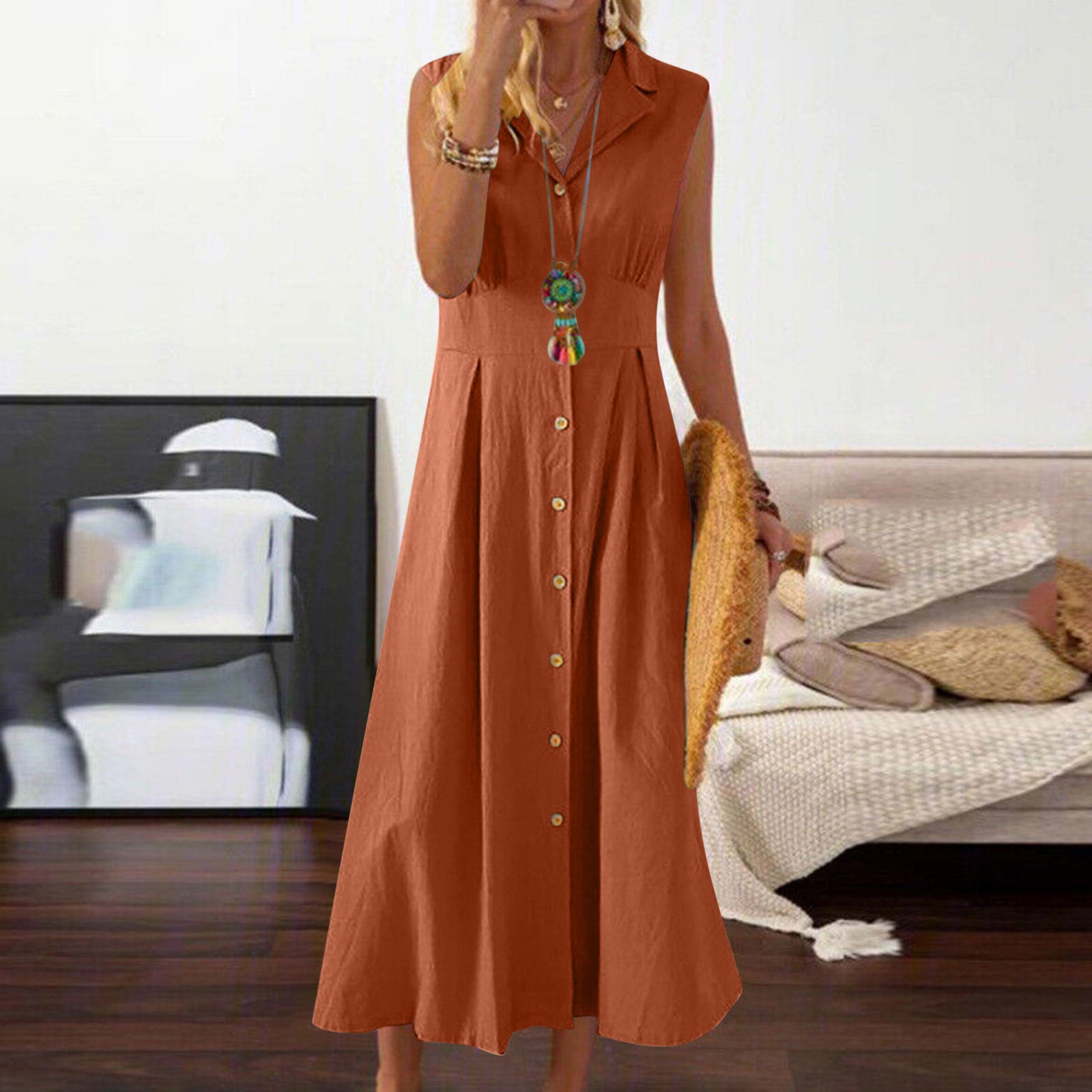 Women's Summer Lapel A- Line Vintage Cotton Dress