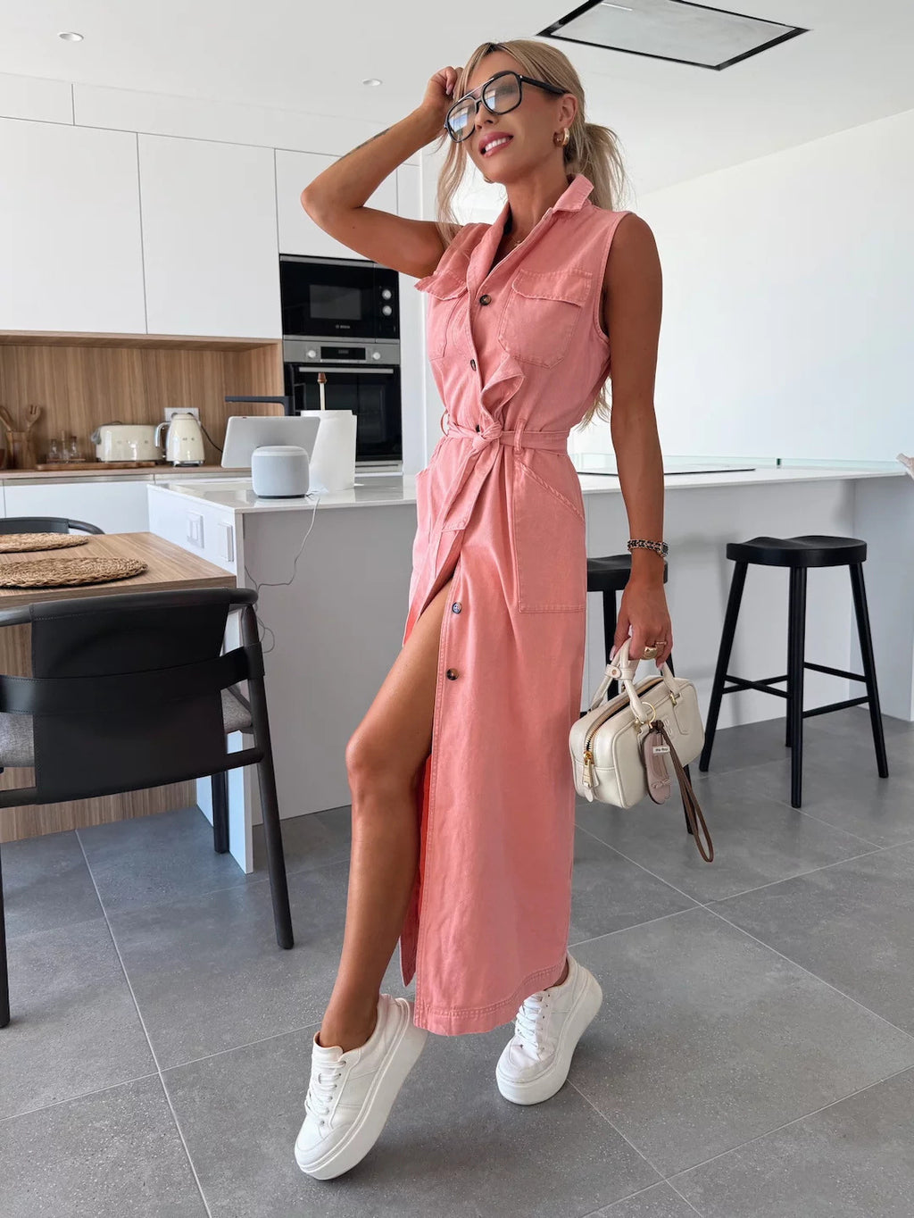 Sleeveless Long Tie Waist Single-breasted Denim Dress