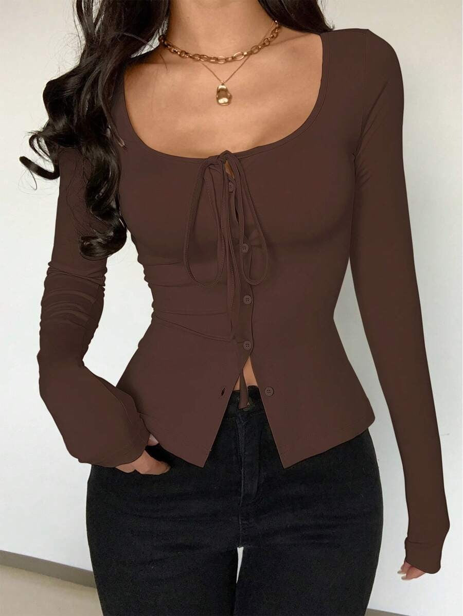 Women's Sexy Long-sleeved Slim Slimming Button Women's T-shirt