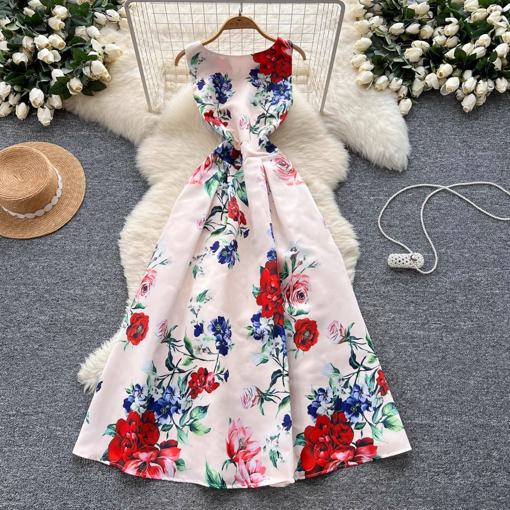 Women's Small Fashionable Retro Waist Slimming Sleeveless Fashion Printed Dress
