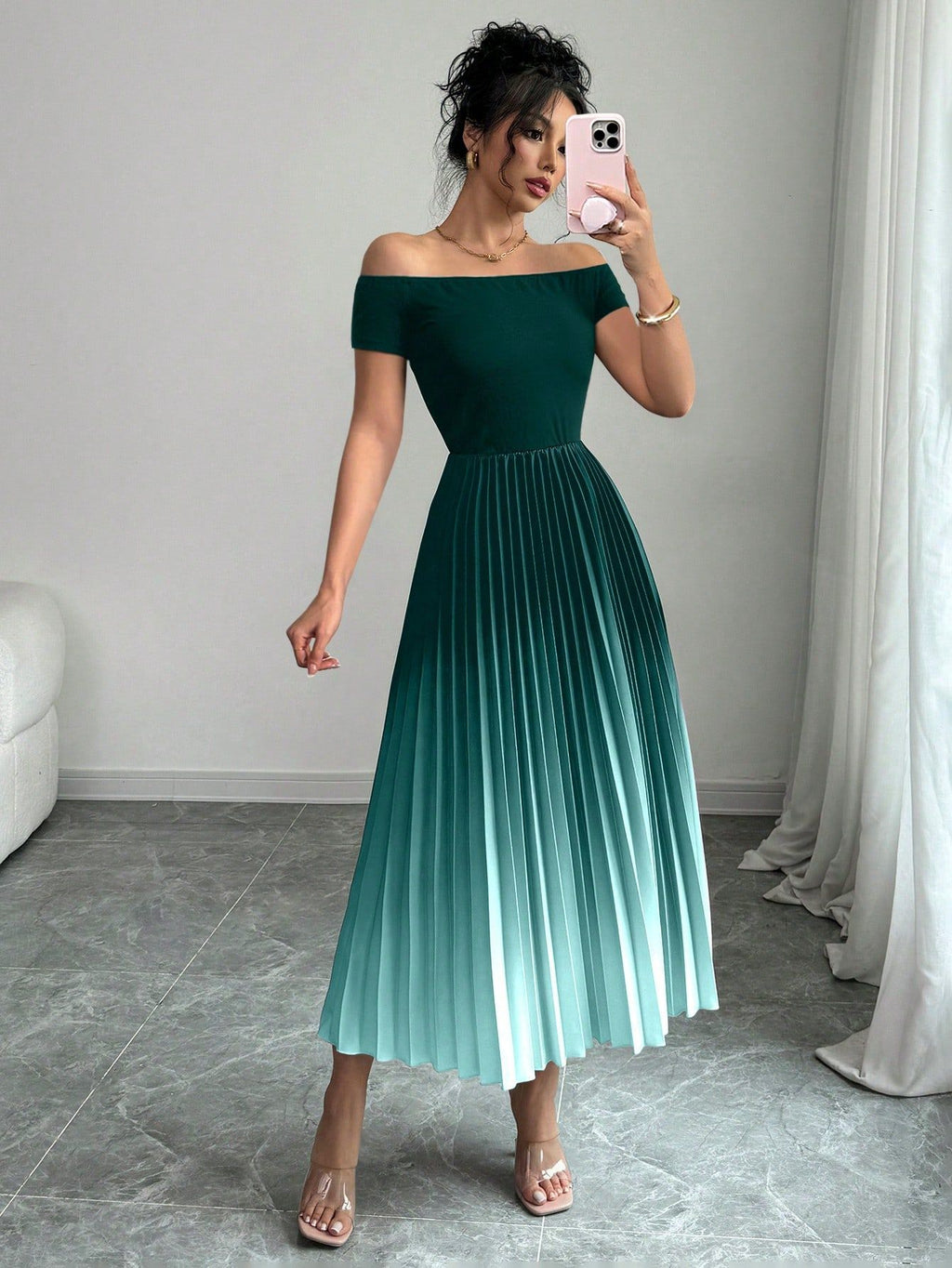 Women's Fashionable Elegant Pleated Gradient Color Slim Dress