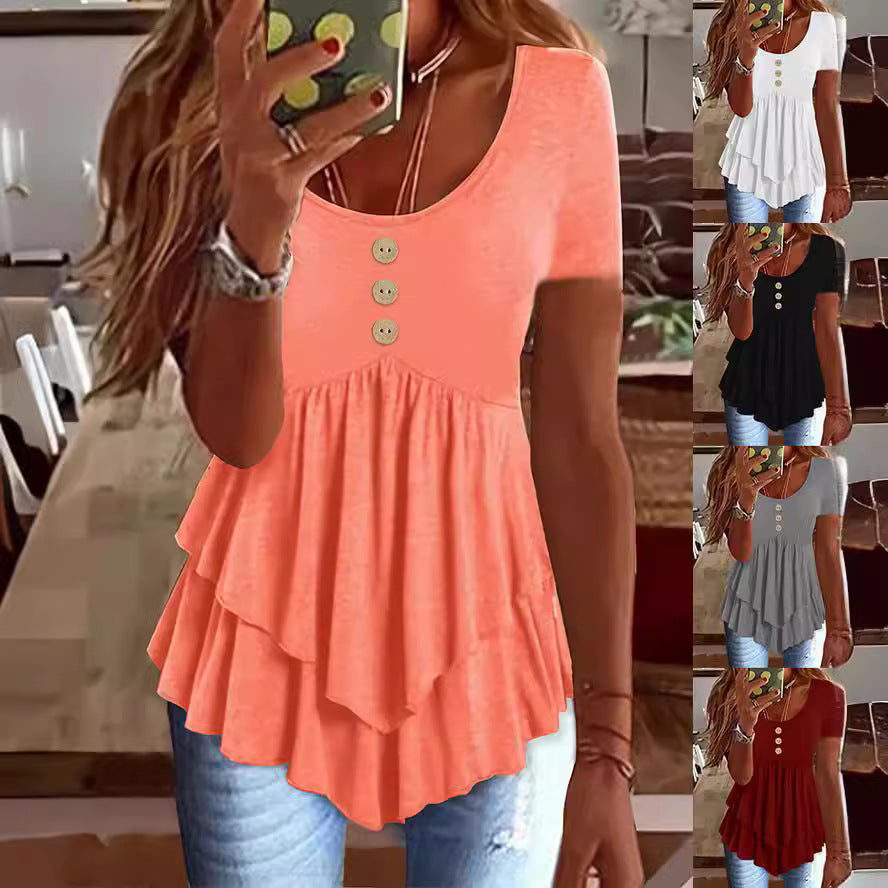 Women's Fashion Casual Solid Color Short-sleeved Dress Tops