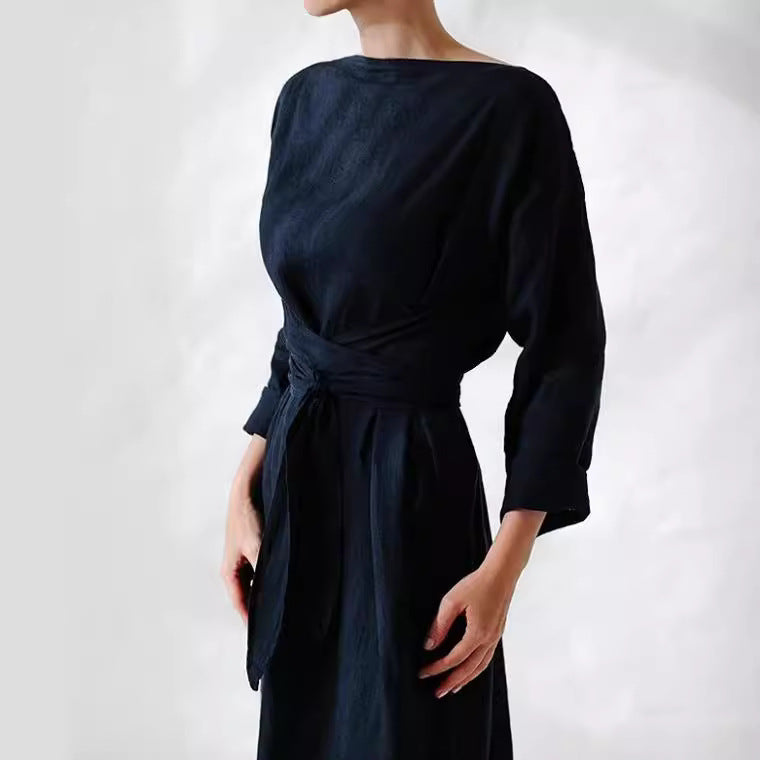 Cotton Linen Long Sleeve Off Shoulder Dress