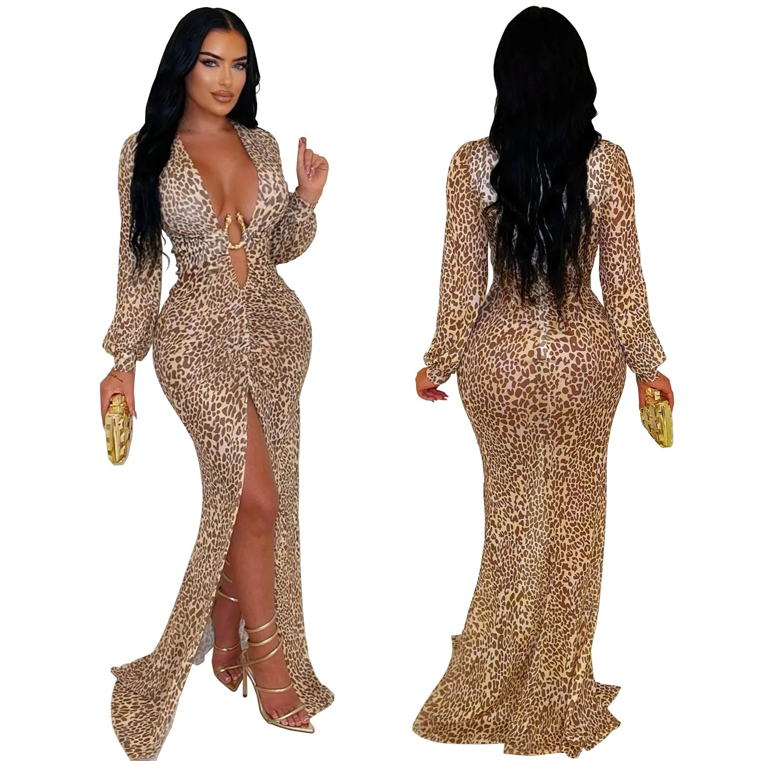 Women's Fashion Wear Sexy Deep V Leopard Print Split Dress