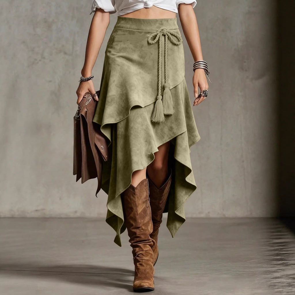 European Retro Western Style Irregular Design Suede Skirt
