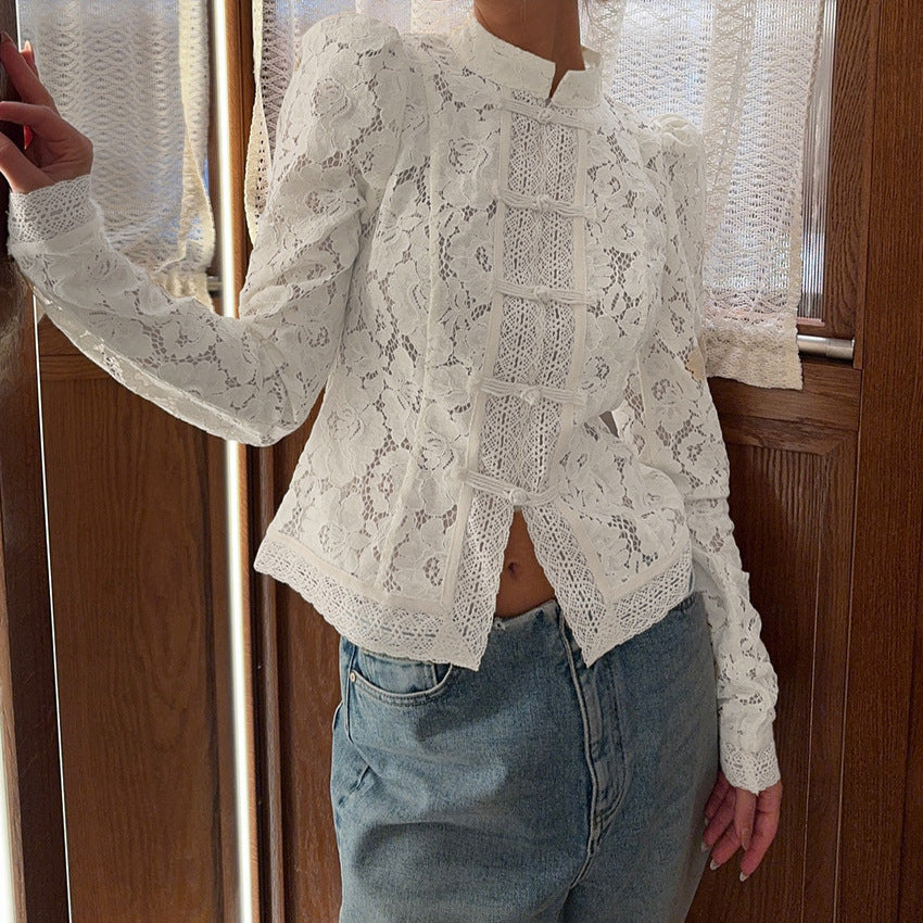 Women's Lace Crochet Stand-up Collar Slim Fit Shirt Blouse