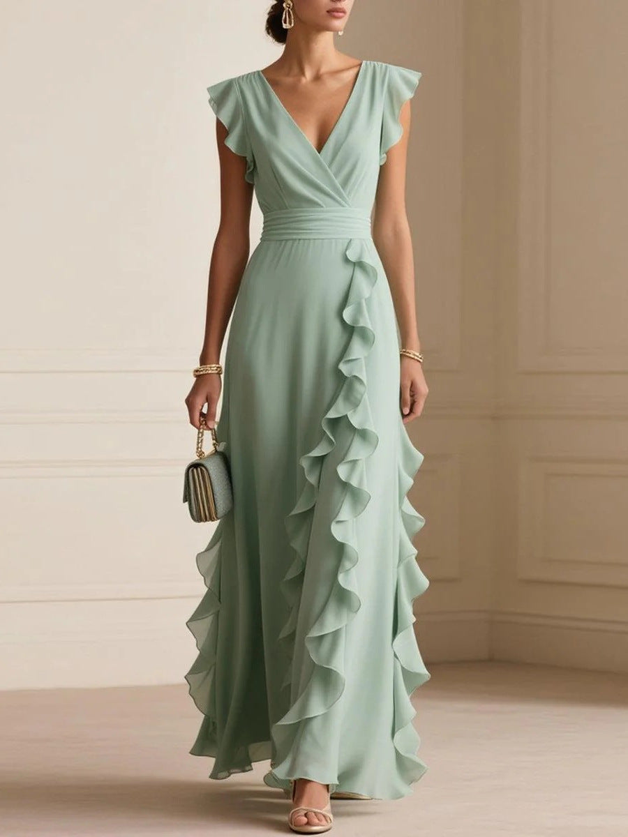 Women's Solid Color Pleated Sleeves Collar Long Dress