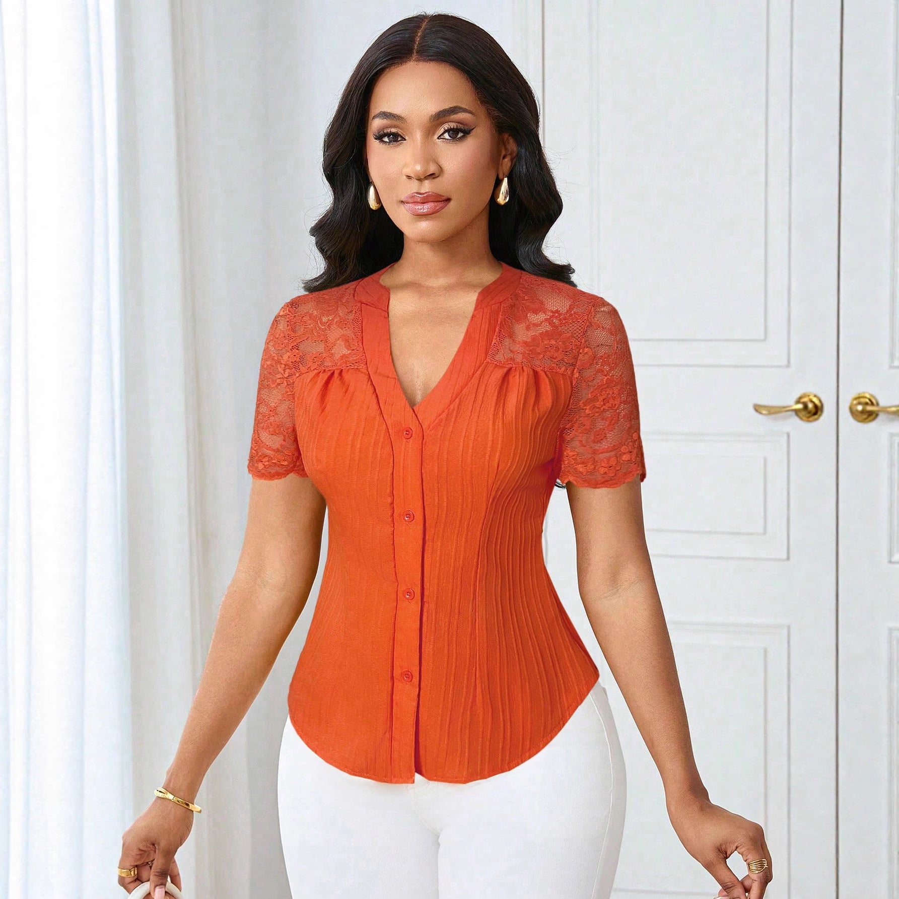Fashionable Single-breasted Solid Color Embroidery Hollow Women's T-shirt