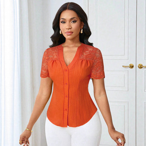 Fashionable Single-breasted Solid Color Embroidery Hollow Women's T-shirt