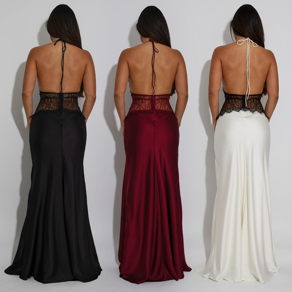 Women's Fashion Wear Sexy Lace Stitched Backless Dress