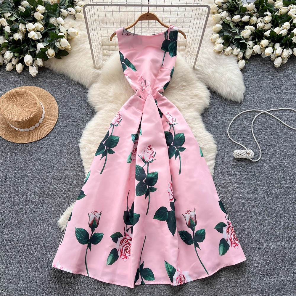Women's Small Fashionable Retro Waist Slimming Sleeveless Fashion Printed Dress