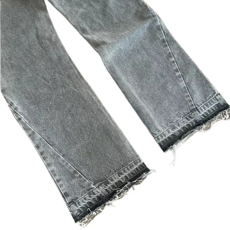 Retro American High Street Washed Old Raw Hem Personality Casual Women's Jeans