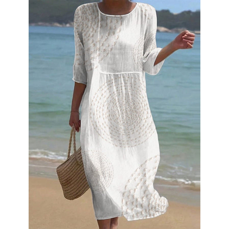 Women's Summer Loose Round Neck Fashion Long-sleeved Dress