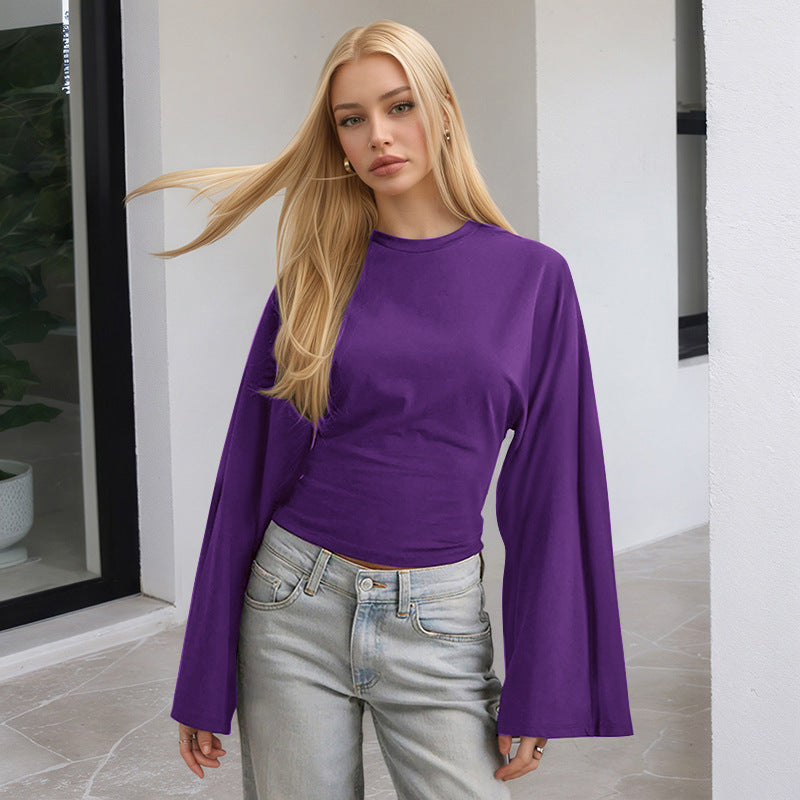 Women's Solid Color Round Neck Shoulder Across Sleeve Women's T-shirt