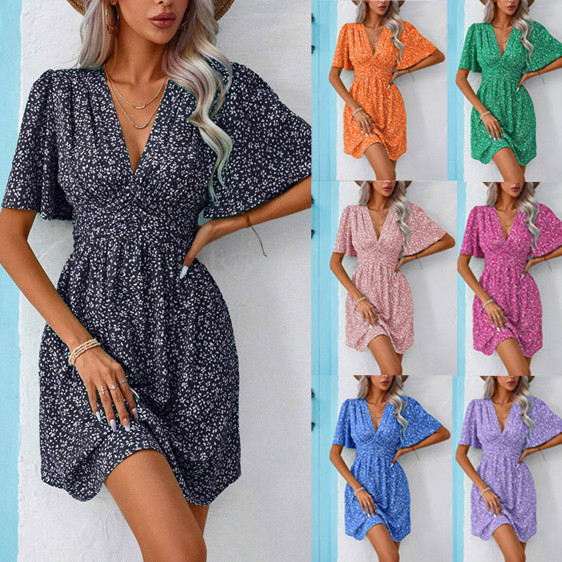Women's Summer Half Sleeves Printed High Waist Floral Dress