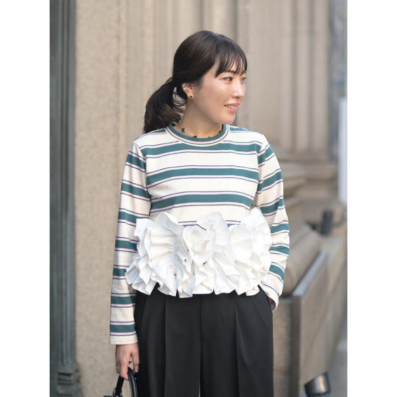 New Cool Women's Striped Long-sleeved Stitching Women's T-shirt