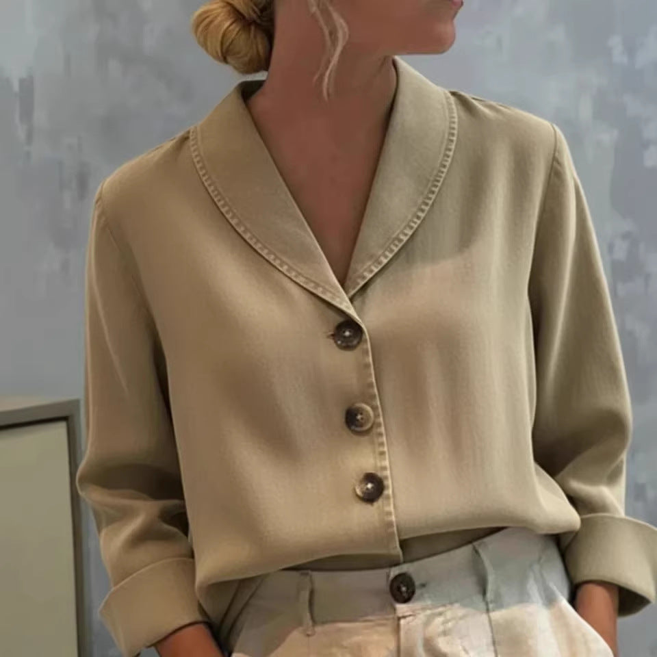 Women's Vintage Shawl Collar Button Denim Cotton Blouse