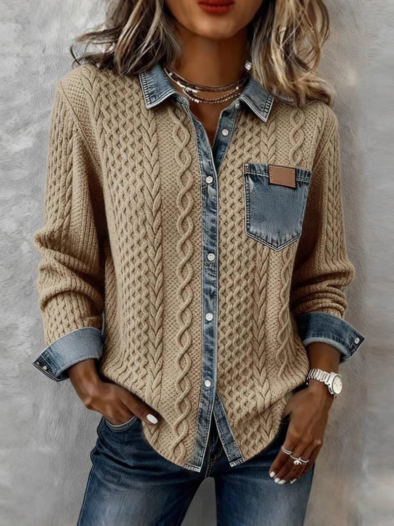 Women's Knitted Patchwork Denim Shirt Fashionable Long Jackets