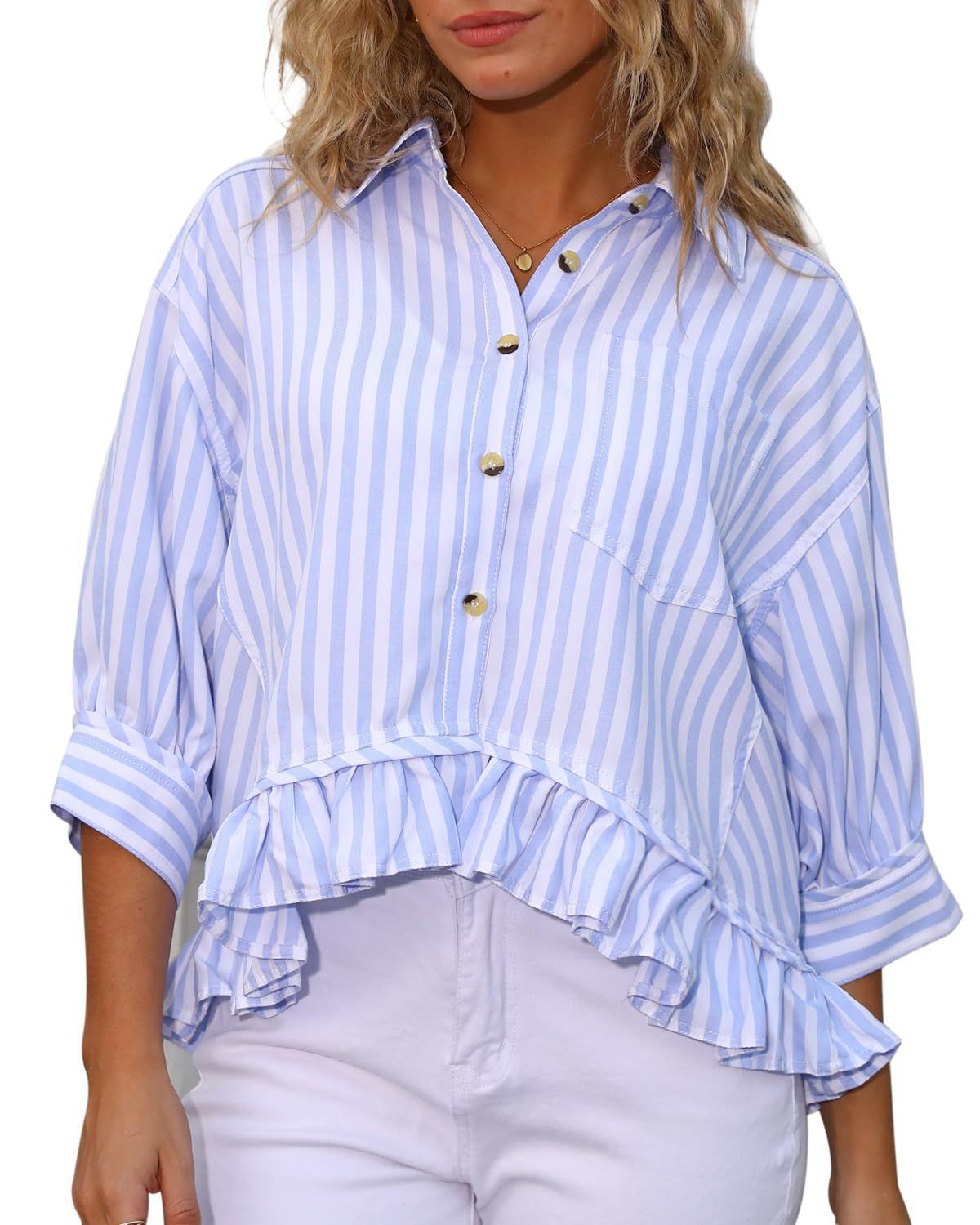 Women's Commuter Striped Lace Hem Loose Shirt Half Blouse