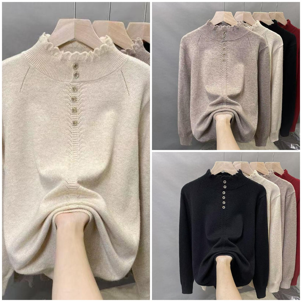 Women's Large Button Mock Neck Leisure Knitted Knitwear