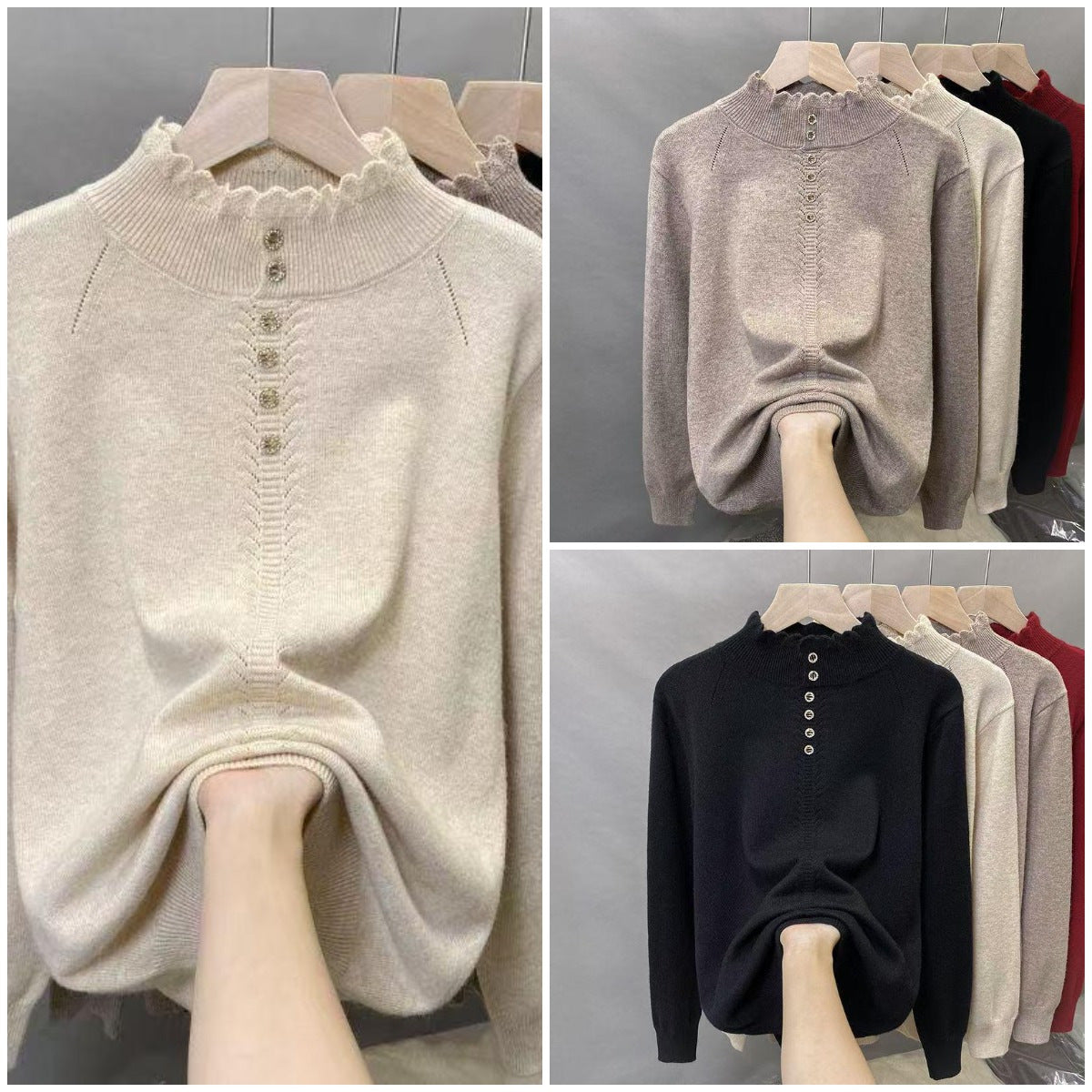 Women's Large Button Mock Neck Leisure Knitted Knitwear