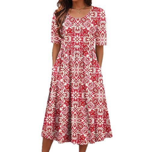 Women's Round Neck Printed Large Hem Dress