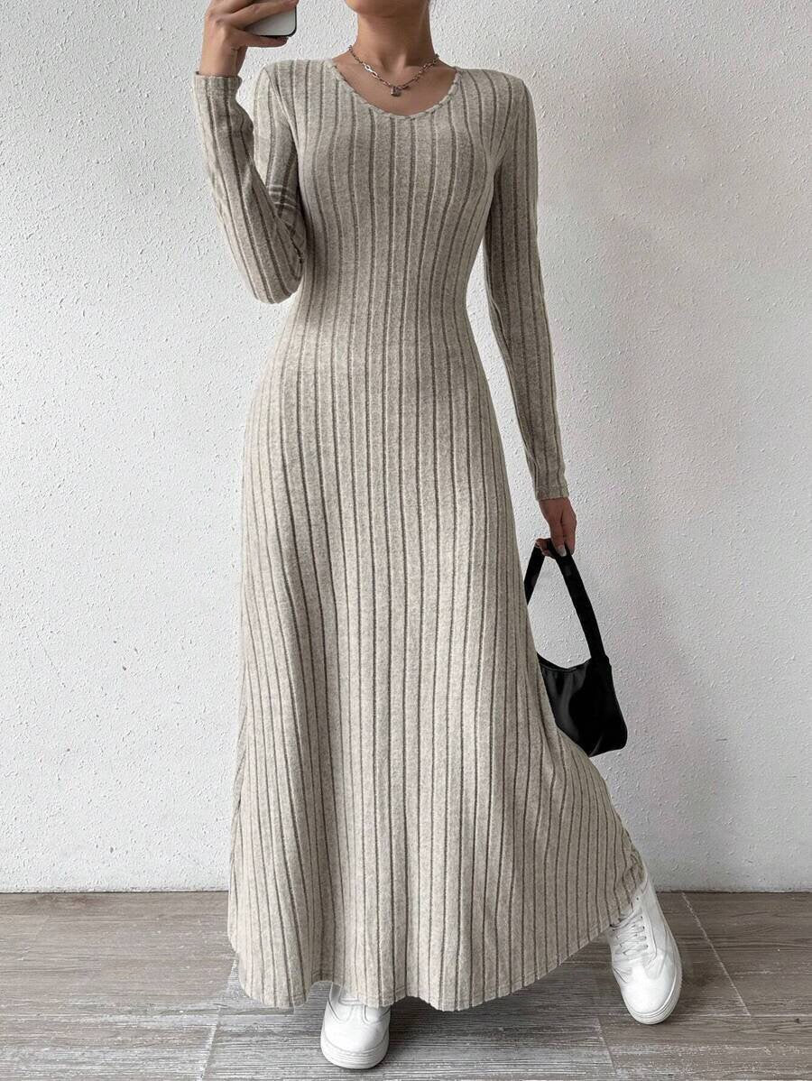 Women's Slim Fit Fashion Wear Knitted Solid Color Long Sleeve A- Dress