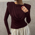 Women's Pleated Waist Tight Swing Collar Long-sleeved Beautiful Women's T-shirt