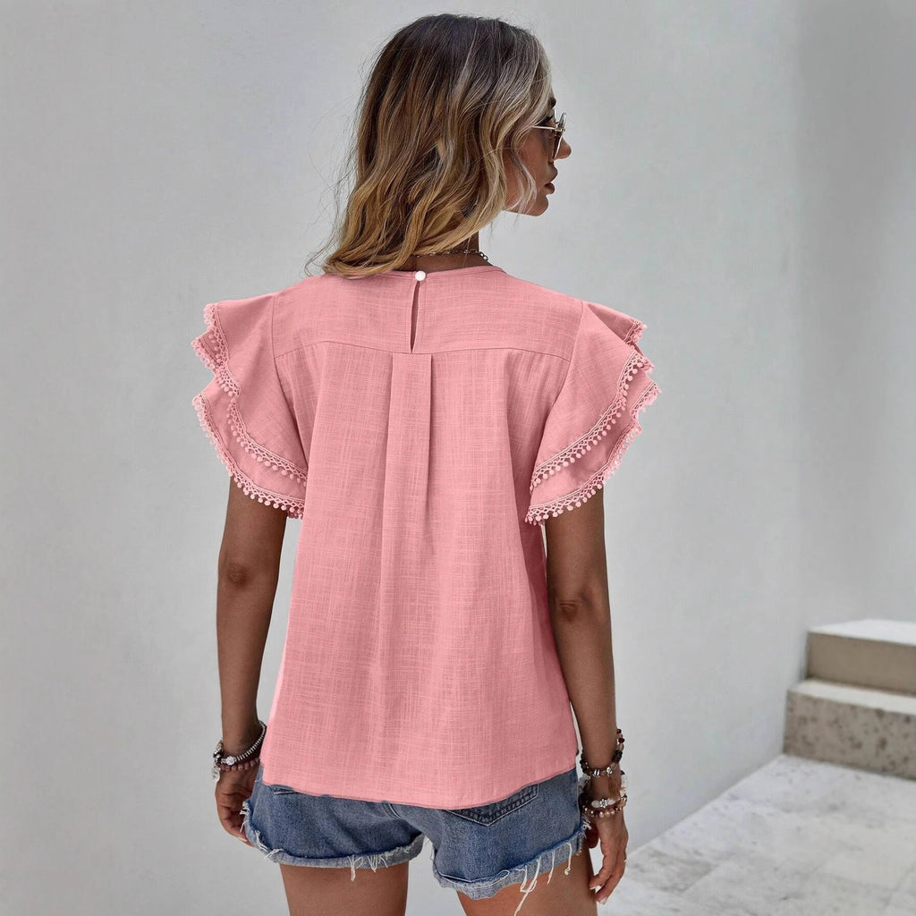 Women's Pleated Sleeves Round Neck Shirt Solid Color Casual Women's T-shirt
