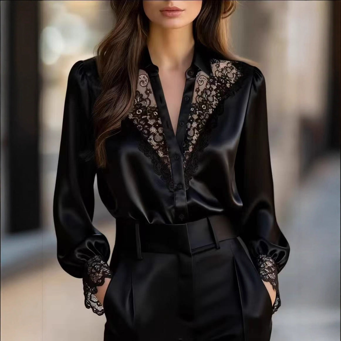 Women's Sense Niche Lace Puff Sleeve Shirt Tops