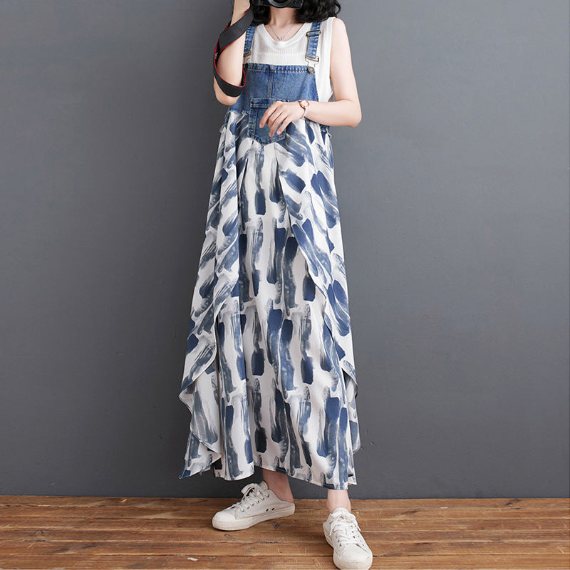 Color Loose Denim Stitching Floral Strap Dress