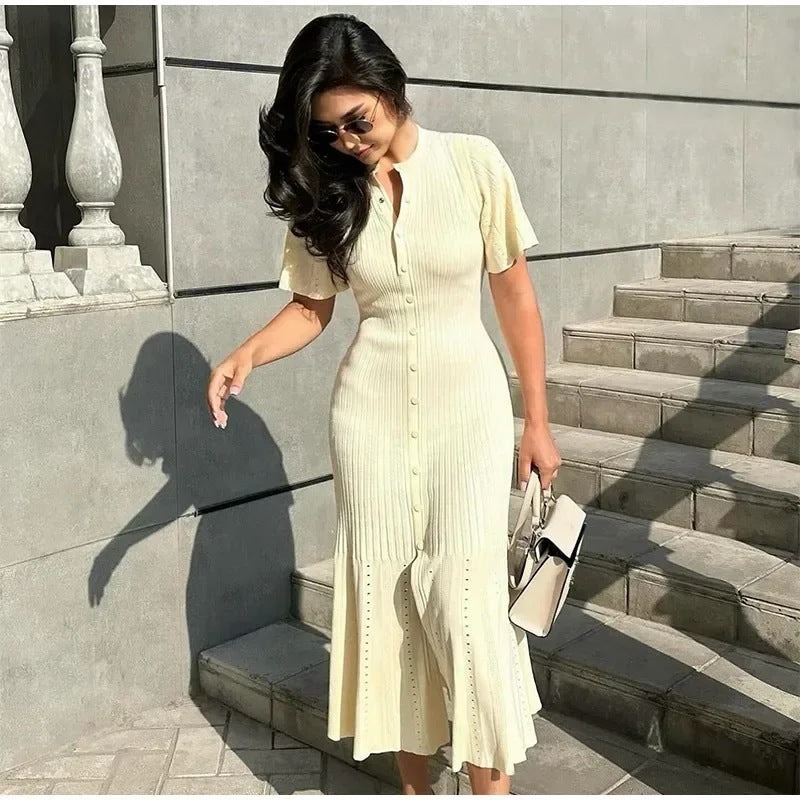 Classy Glamorous Women's Sleeve Button Knitted Dress