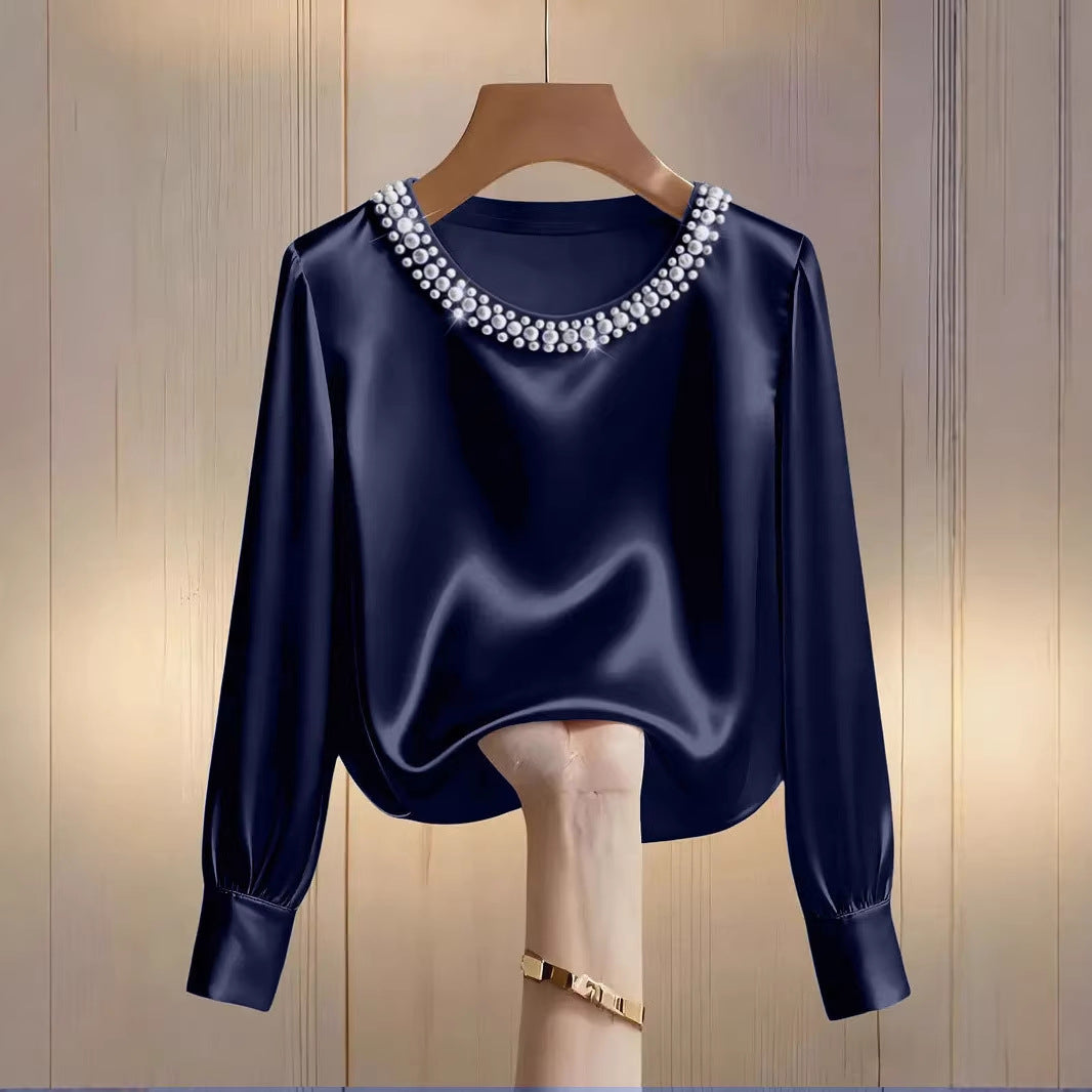 Women's Style High-grade Pearl Round Neck Satin Shirt Tops