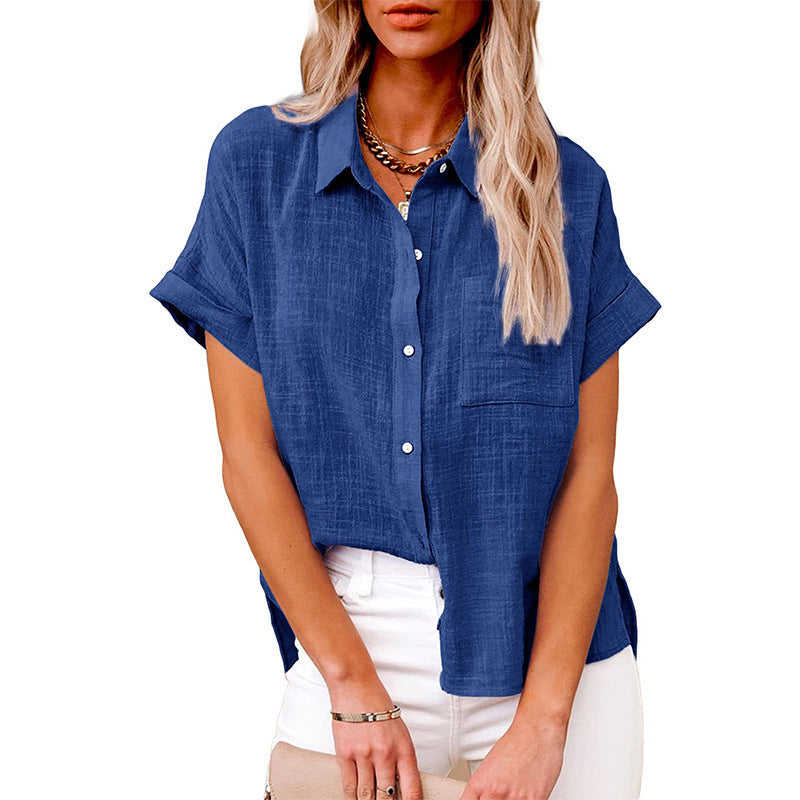 Women's Summer Solid Color Shirt Sleeve Cotton Casual Blouse