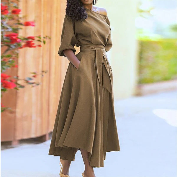 Oblique Shoulder Strap Elegant Solid Color Dress