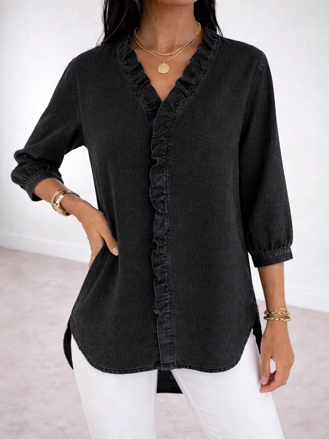 Women's Ruffled Casual Shirt Imitation Denim Ladies Blouse