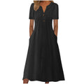 Solid Color Lace Button Pocket Sleeve Dress