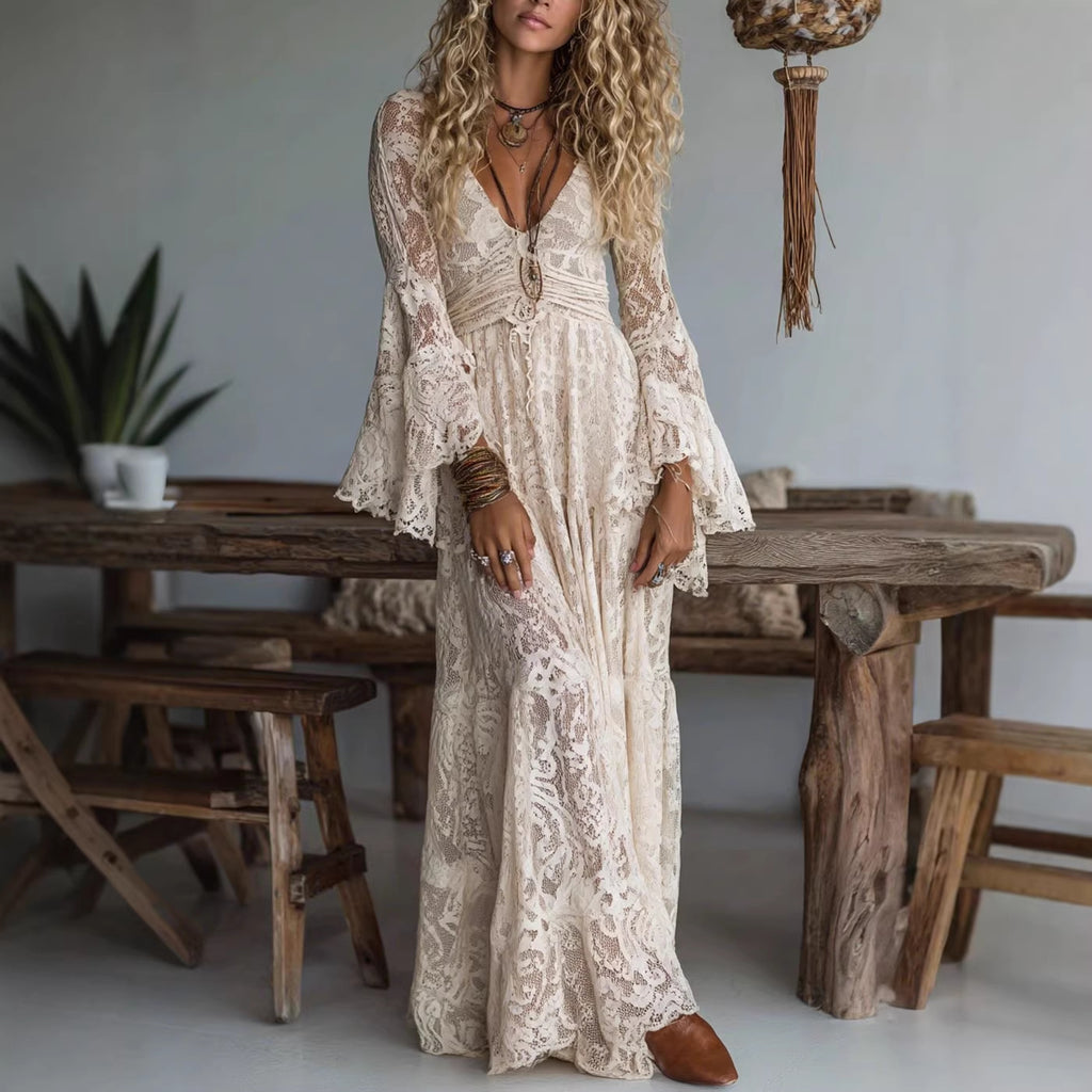 European Elegant High Waist Lace Stitching Casual Dress