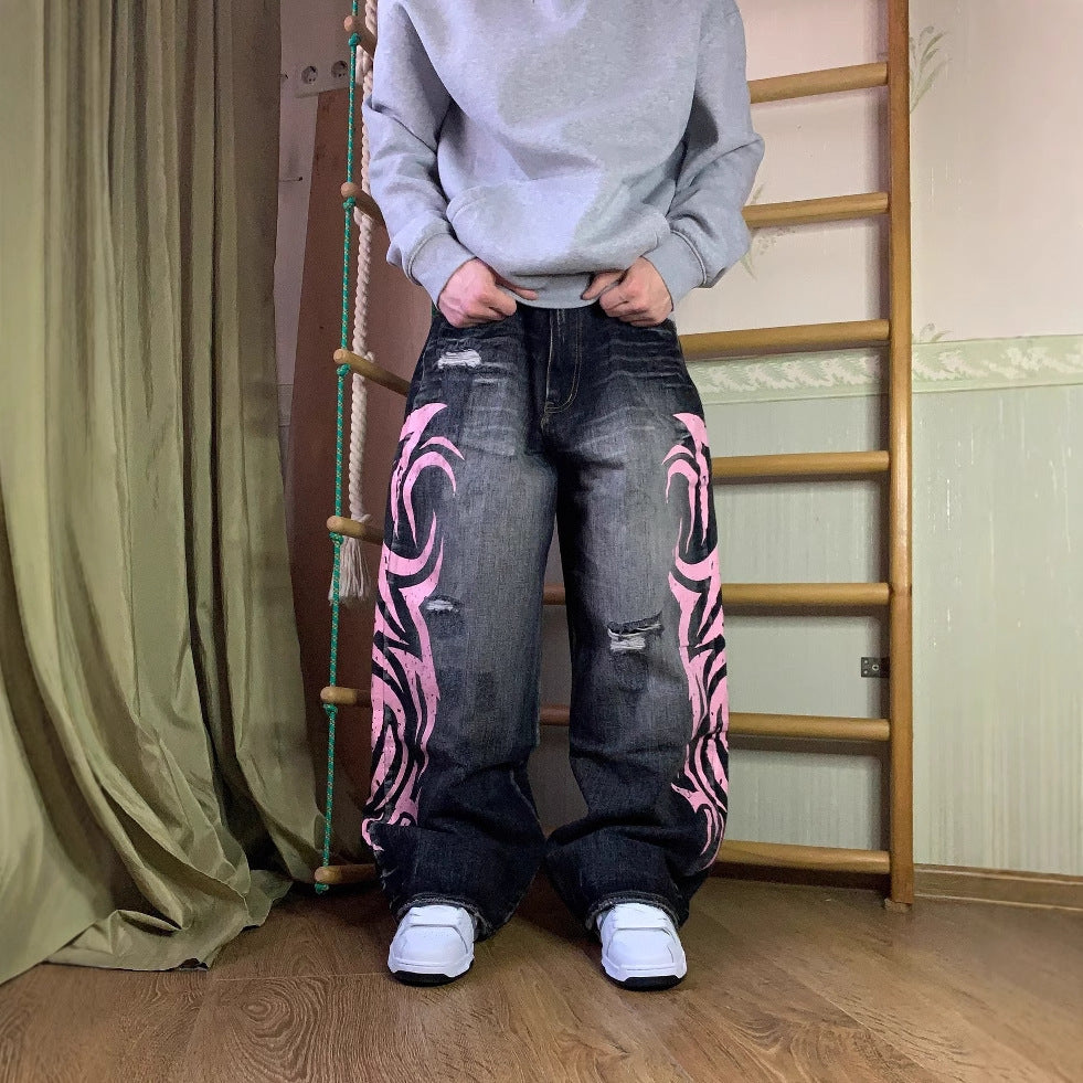 Women's & Men's American Printed High Street Design Sense Mop Women's Jeans