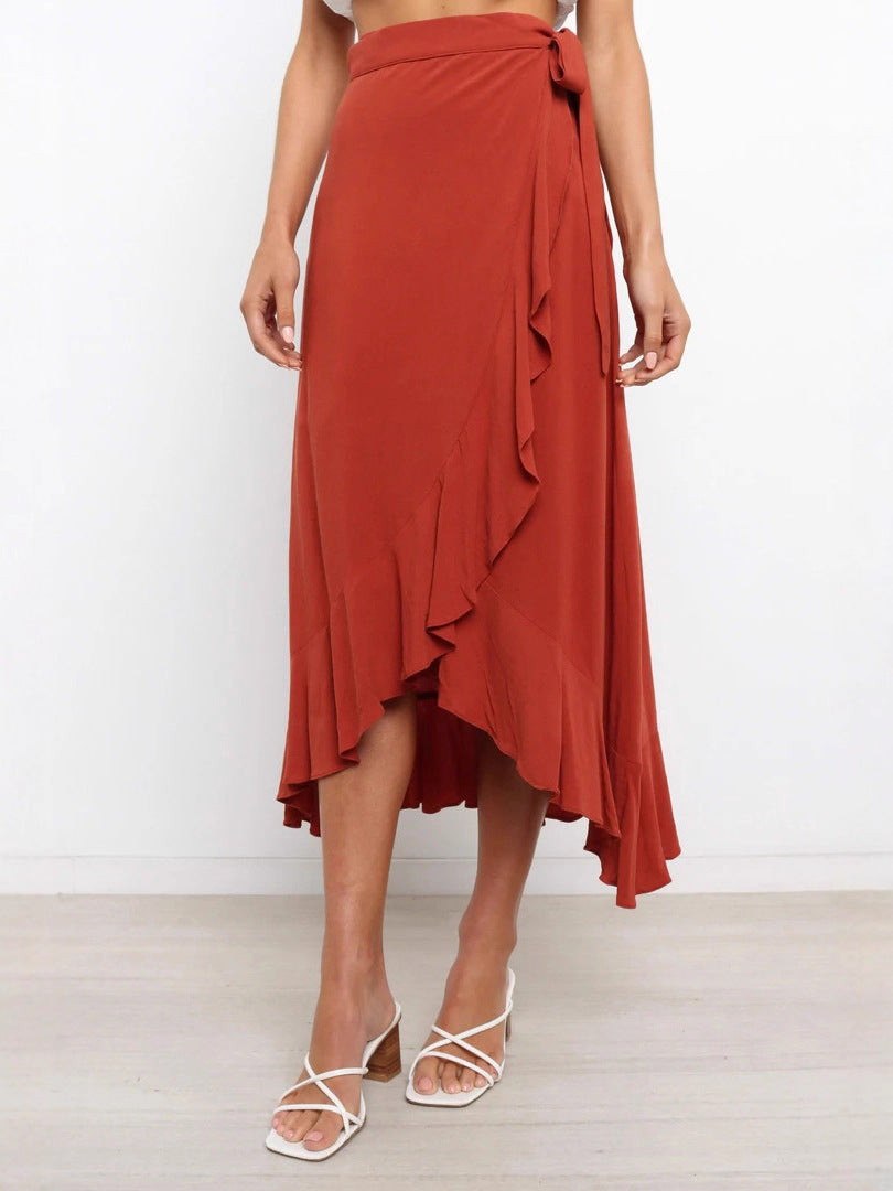 High Waist Wrap Vacation Style Ruffled Irregular Long Skirts