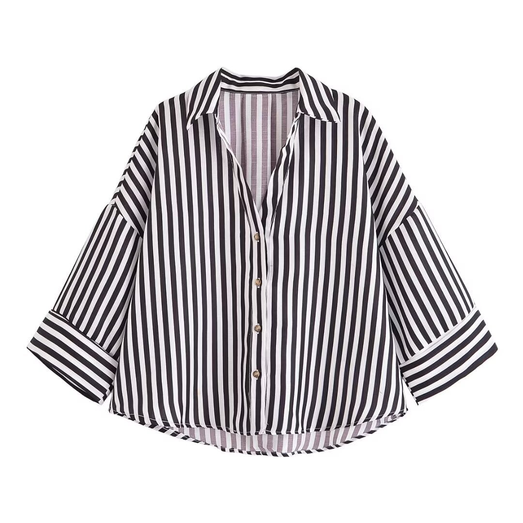 Women's Fashion Casual Lapel Striped Wide Sleeve Shirt Cotton Blouse