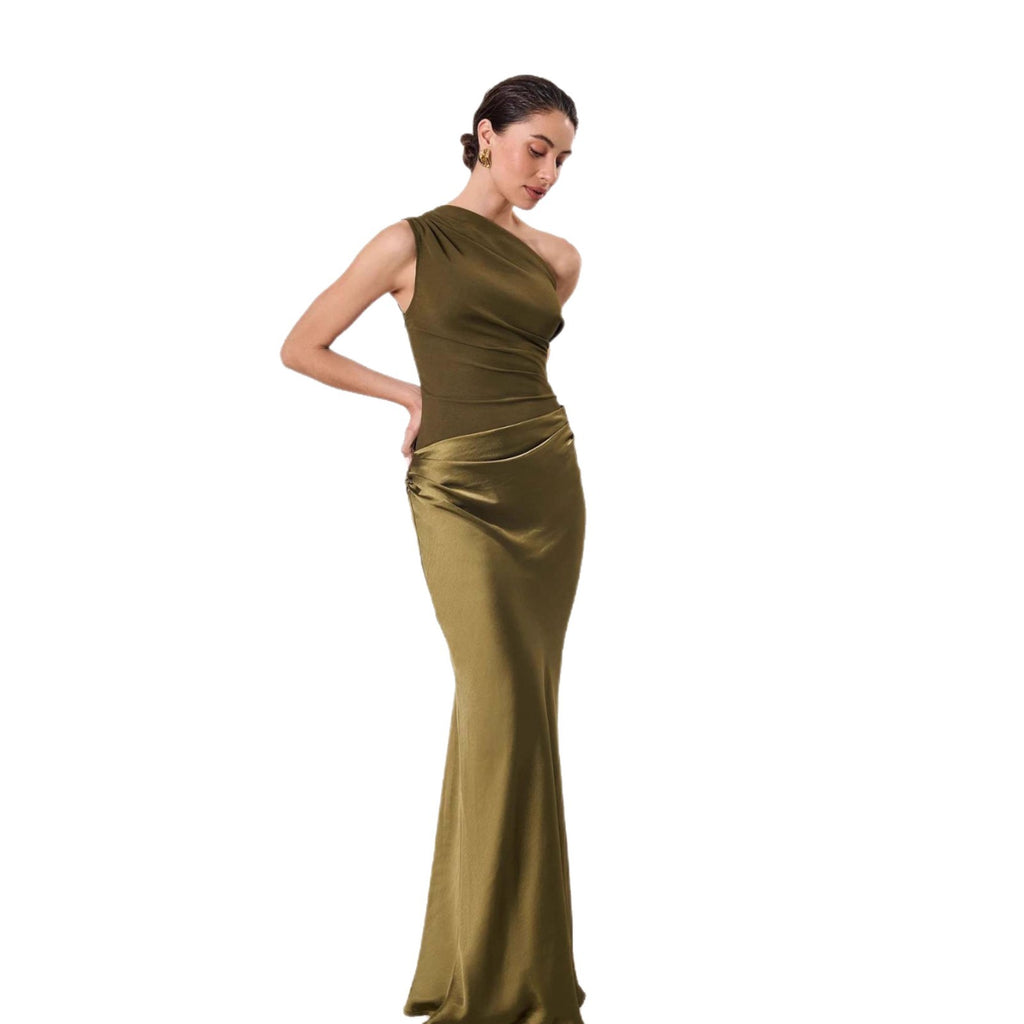 Color Diagonal Collar Sleeveless Maxi Slant Dress