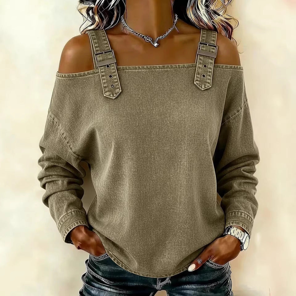 Women's Autumn Tie Shoulder Strap Long Sleeve Tops