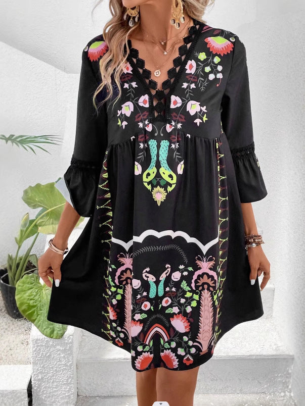Women's Summer Lace Stitching Casual Printed Dress
