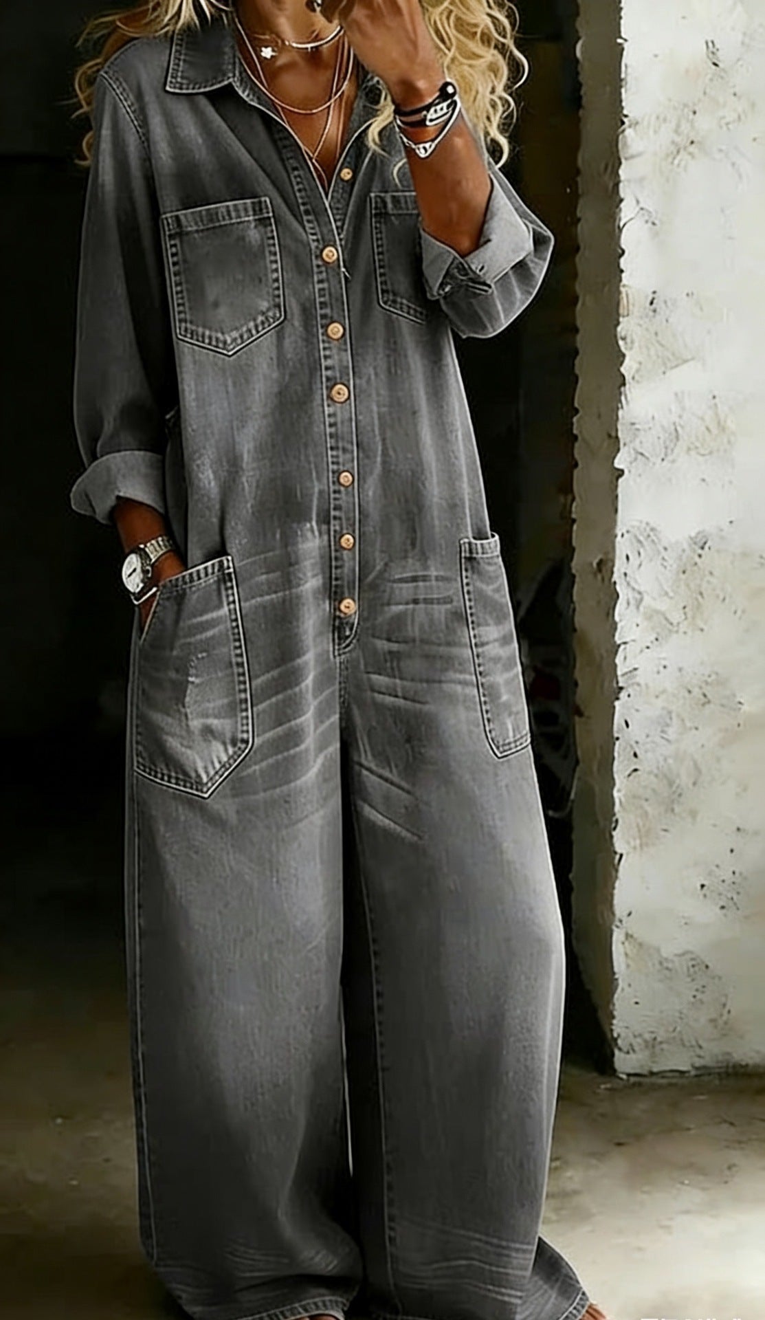 Women's Spring Clothes Fashion Sexy Single-breasted Shirtdress Jumpsuits