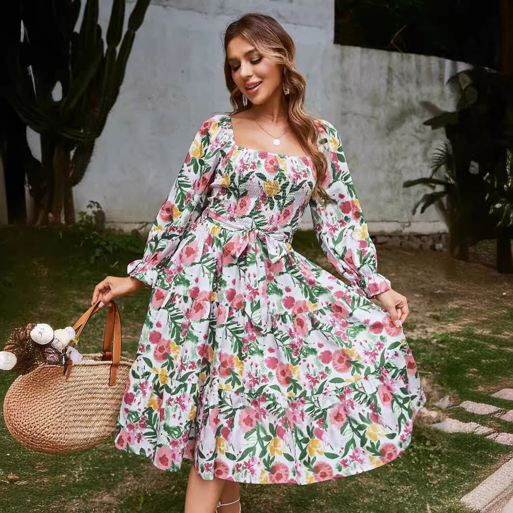 Collar Flared Long Sleeve High Waist Dress