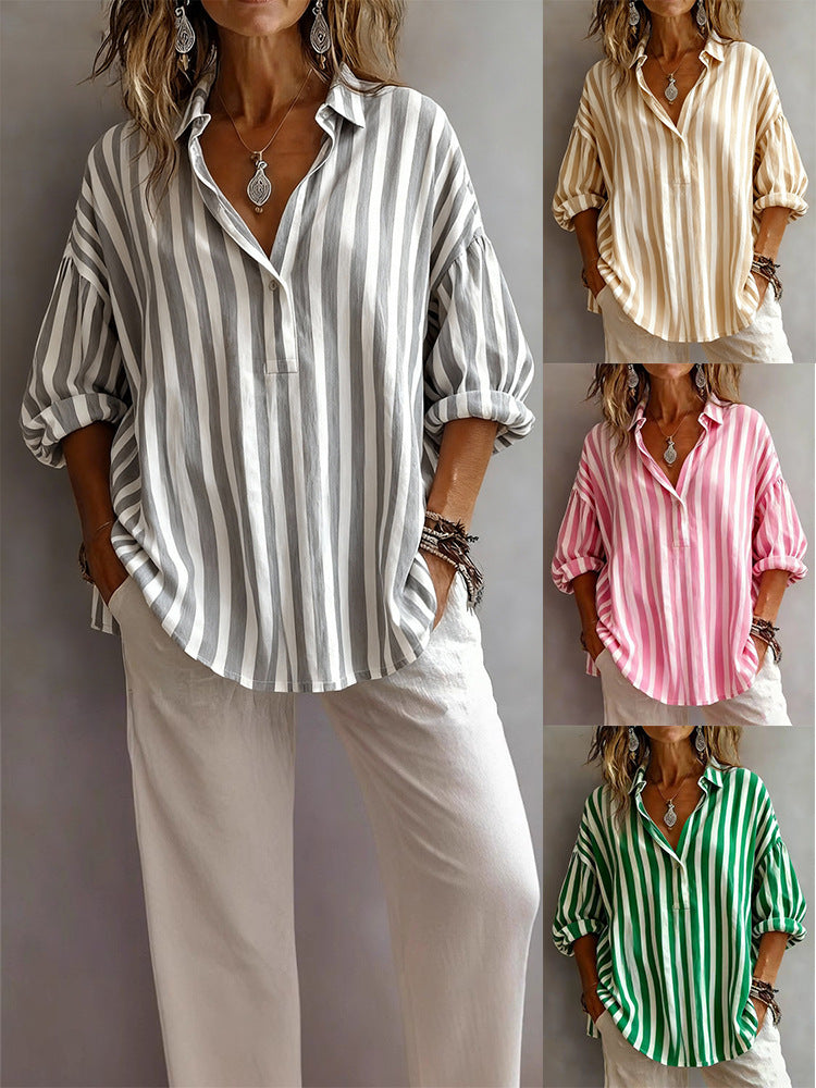 Women's Spring Shirt Collar Long Sleeve Pullover Stripe Blouse