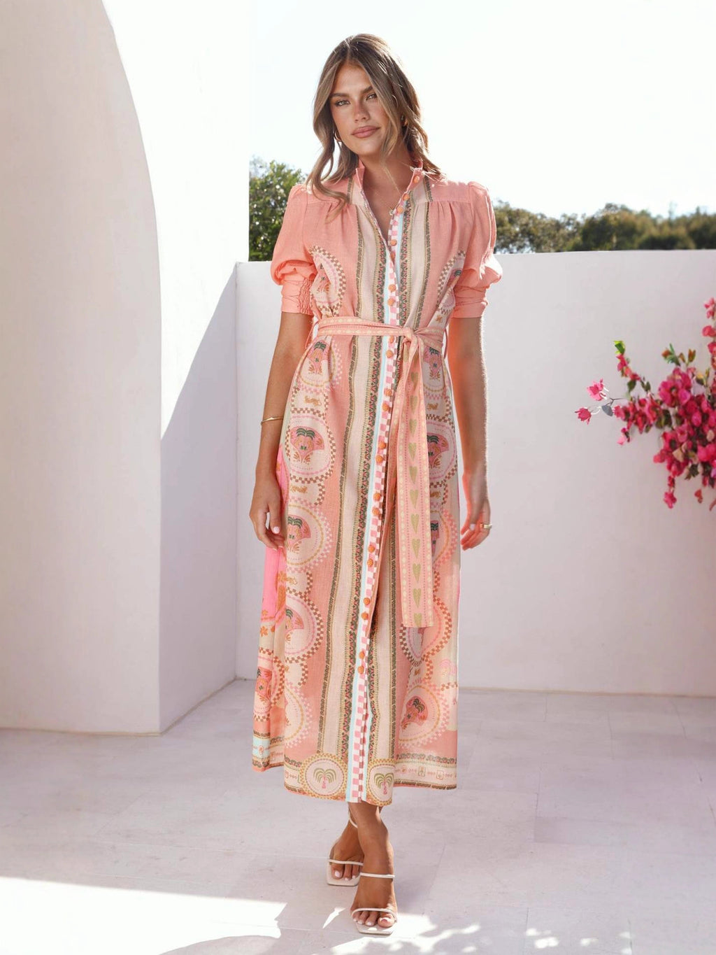 Graceful Fashionable Linen Stand-up Collar Cinched Dress